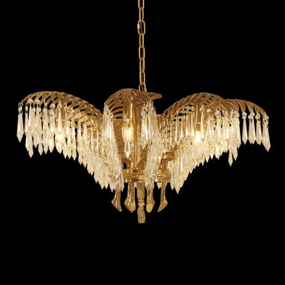 Front view of the luxury crystal brass chandelier, showcasing intricate metal fronds and crystals.