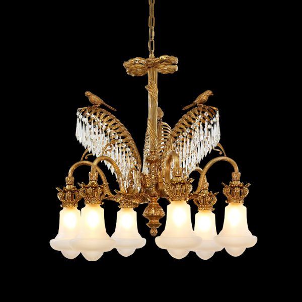 Conservatoire Impérial Palmier brass and crystal chandelier, wide palm leaf design on black.