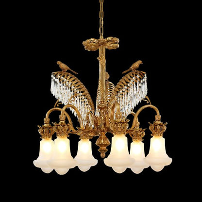 Conservatoire Impérial Palmier brass and crystal chandelier, wide palm leaf design on black.