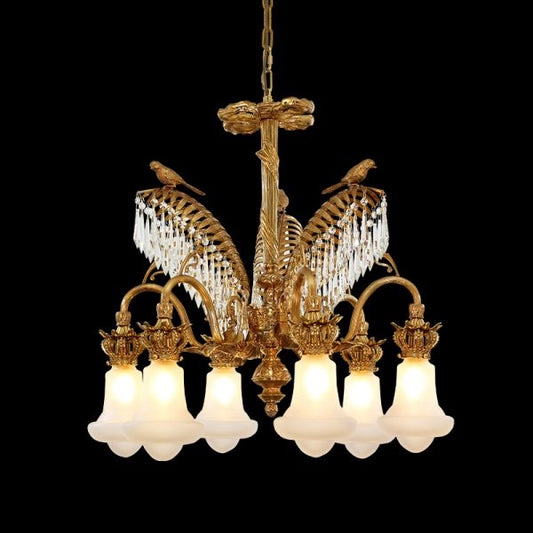 Conservatoire Impérial Palmier brass and crystal chandelier, wide palm leaf design on black.
