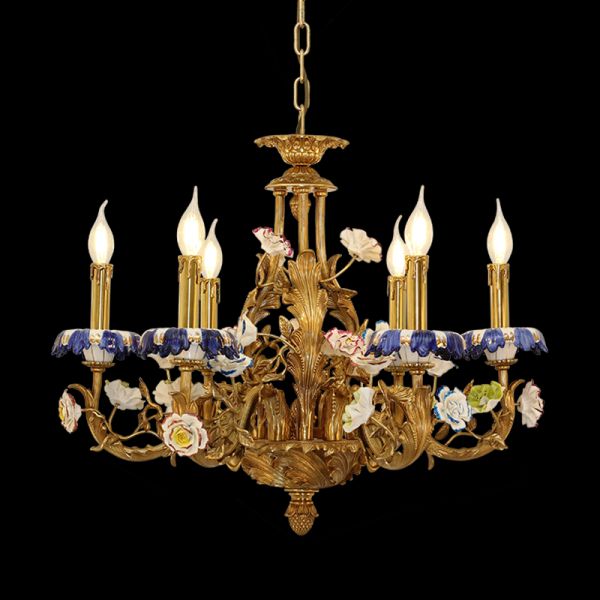 Trianon Porcelain Garden brass chandelier with white ceramic flowers on black background.