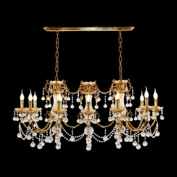 Full view of the French Baroque Grande Crystal Cascade brass chandelier glowing against a stark black background.