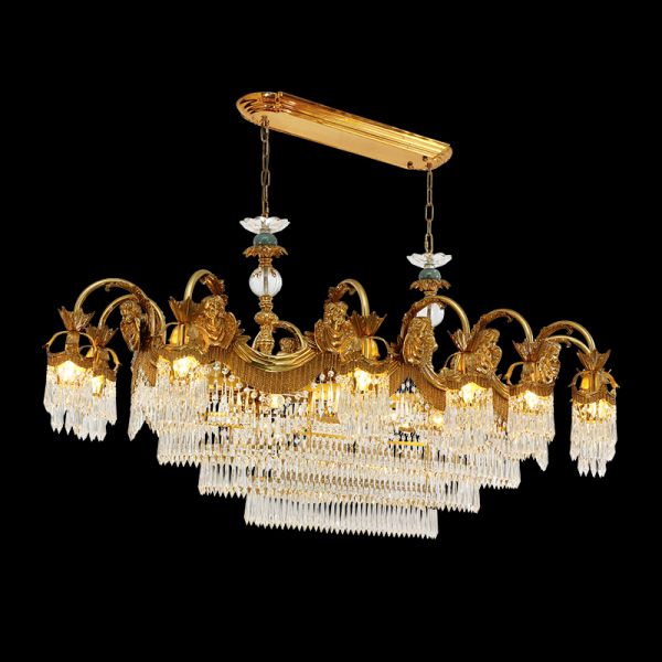 Full view of the French Baroque Angels Gallery grand brass chandelier with numerous crystal pendants displayed against a black background.
