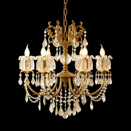 Fragonard’s Rêve de Lumière brass chandelier with crystal bead curtains, front view on black.