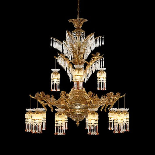 Palais des Anges Dorés antique bronze brass chandelier with cherub statues and crystal fringes on black.
