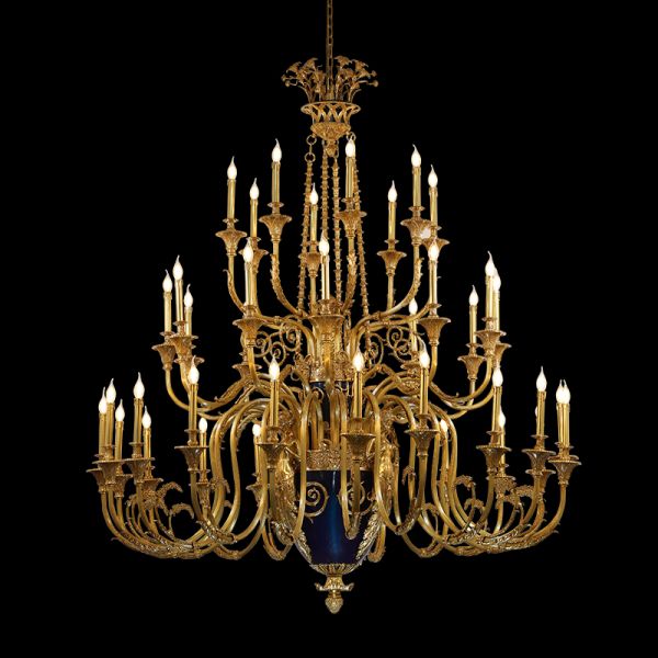 Front view of the Versailles Baroque brass chandelier with a blue urn, on black background.