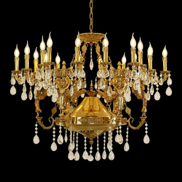 Full studio shot of the French Neo-Classical angelic gilded brass and crystal chandelier glowing against a stark black background.