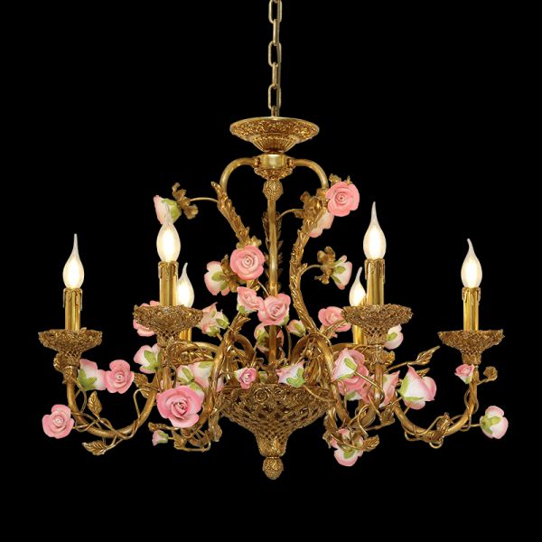 Full view of the Jardin de la Reine baroque pink rose brass chandelier suspended against a black background.
