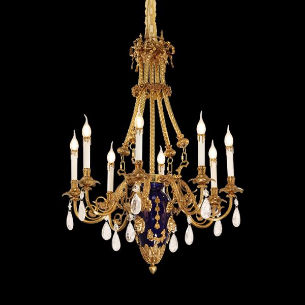 Galerie des Glaces sapphire blue and brass chandelier on black background, French luxury style.