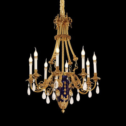 Galerie des Glaces sapphire blue and brass chandelier on black background, French luxury style.