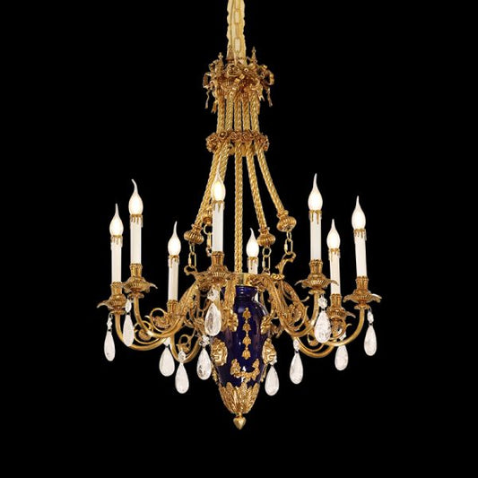 Galerie des Glaces sapphire blue and brass chandelier on black background, French luxury style.