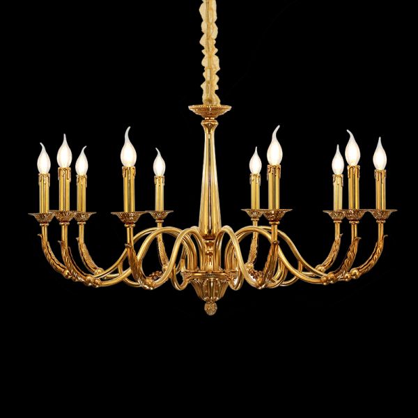 Multi-arm French brass chandelier with ten candle bulbs, elegant and symmetrical.