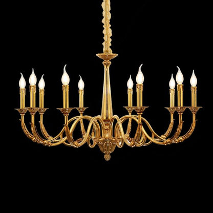 Multi-arm French brass chandelier with ten candle bulbs, elegant and symmetrical.