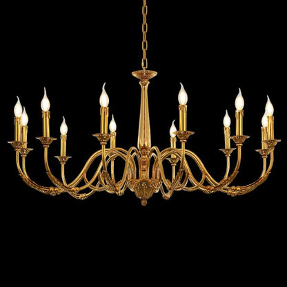 Classic European brass chandelier with curved arms, displayed on a black background.