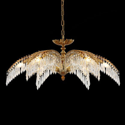 Côte d'Azur Palm Lumière brass crystal chandelier, sunburst palm design on black background.