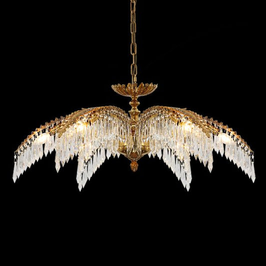 Côte d'Azur Palm Lumière brass crystal chandelier, sunburst palm design on black background.