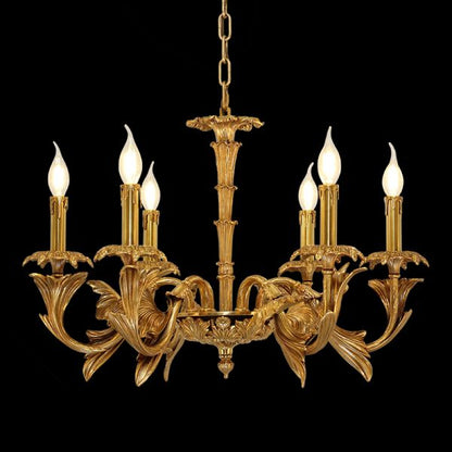 Full view of the Nymph's Whisper French all copper brass chandelier with five glowing lights on black background.