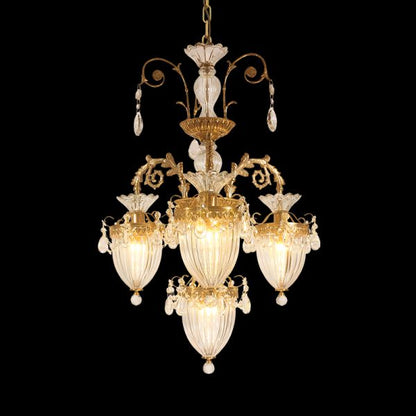Full view of the Château de Versailles opulence brass chandelier with extensive crystal strands on black background.
