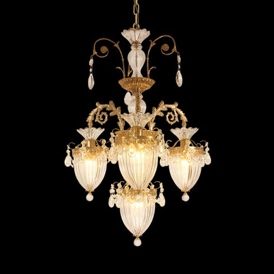 Full view of the Château de Versailles opulence brass chandelier with extensive crystal strands on black background.