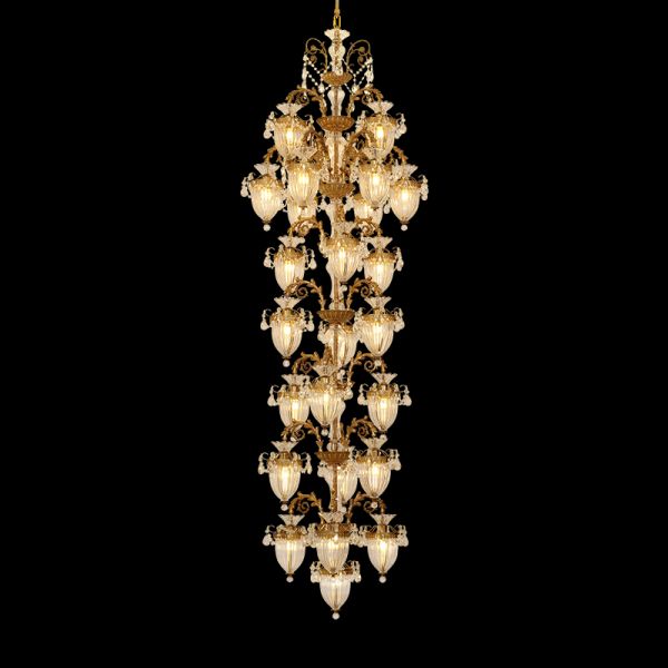 JEWELLERY TOP brand's high ceiling chandelier featuring elaborate brass cages and cascading beaded crystals.