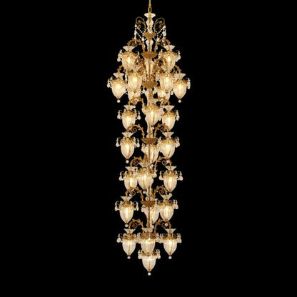 JEWELLERY TOP brand's high ceiling chandelier featuring elaborate brass cages and cascading beaded crystals.