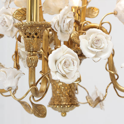French Rococo Cherub & Porcelain Rose Bouquet Brass Chandelier