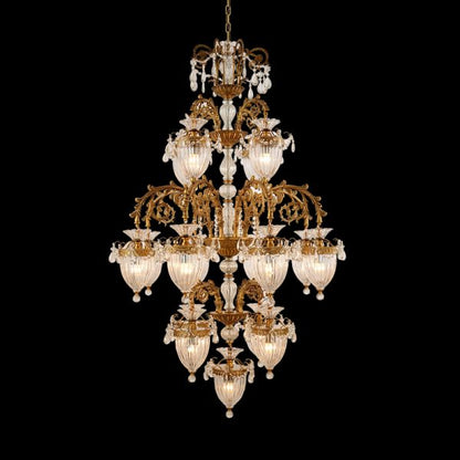 Macro close-up of the finely sculpted golden acanthus leaves and crystal-embellished bobeche.