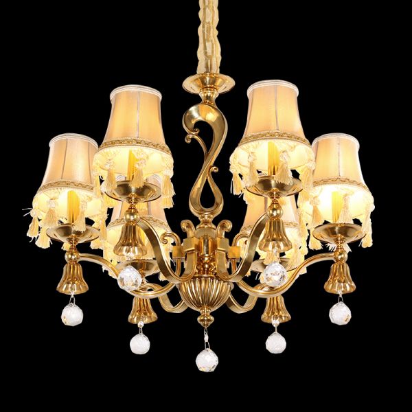 Salon de Soie Élégant brass chandelier with fabric shades and crystal balls on black background.