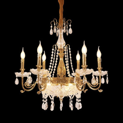 Lumière Éternelle six-arm brass chandelier with crystal chains on black background.