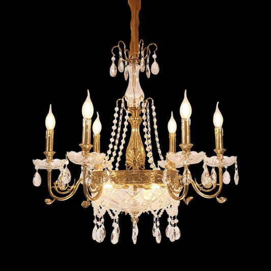 Lumière Éternelle six-arm brass chandelier with crystal chains on black background.