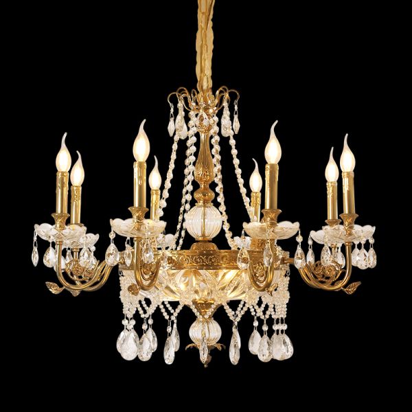 A round French brass crystal chandelier with candle bulbs and layered pendants, isolated.