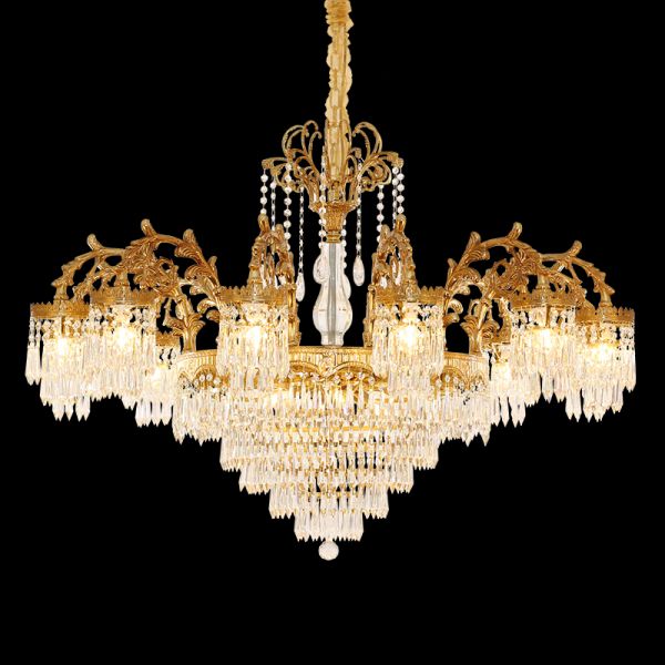 Grand hotel lobby chandelier with white shades and crystal drapes, made of golden brass.