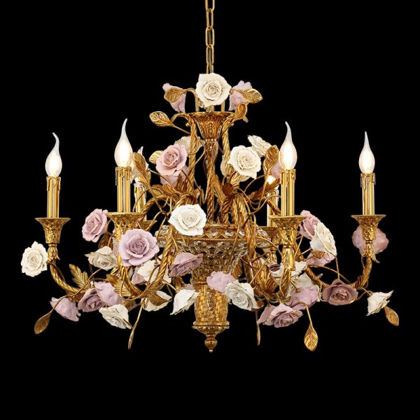 Pompadour Roseraie brass chandelier with ceramic flowers and winding arms on black background.