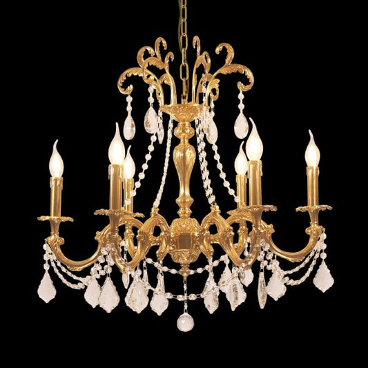 An eight-light French brass chandelier with crystal beads and ornate metalwork, isolated on black.
