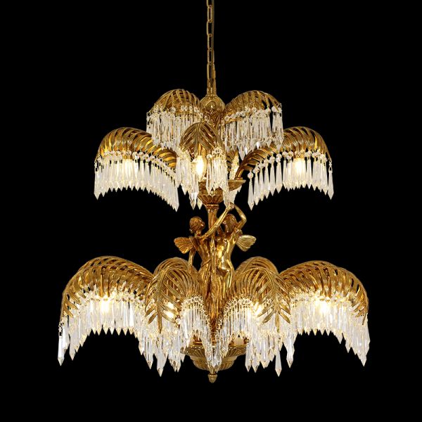 Close-up detail of the Elysian Terpsichore brass chandelier's central dancer sculptures and crystal drapes.