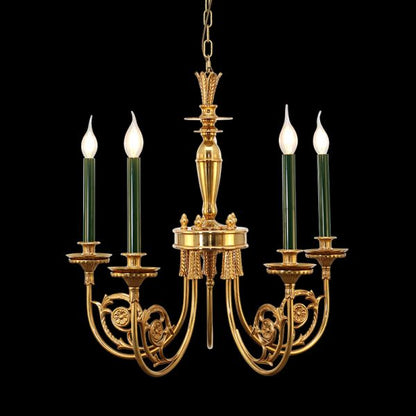 Classical brass chandelier with green candle bulbs and a conical center, on black background.