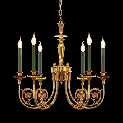 Six-arm French classical brass chandelier lit with green candle bulbs, elegant design.