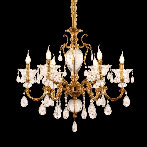 Full view of the Petite Symphonie Céleste brass chandelier with cherub and crystal drops on black background.