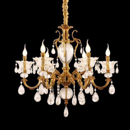 Full view of the Petite Symphonie Céleste brass chandelier with cherub and crystal drops on black background.
