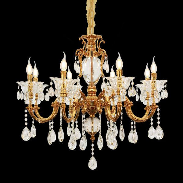 JEWELLERY TOP brand's decorative brass chandelier with intricate scrollwork and candle-style lights.