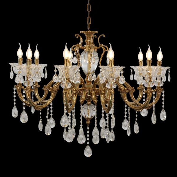 A classical luxury crystal chandelier installed in a room with blue drapes and ceiling molding, showcasing its elegant form.