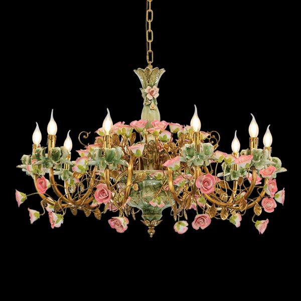 Grand floral brass chandelier with a central urn shape and cascading ceramic blossoms.