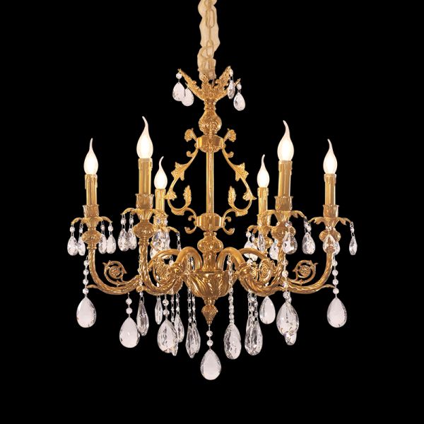 Front view of the Petite Galerie Royale brass chandelier with glass shades and crystal drops on black background.