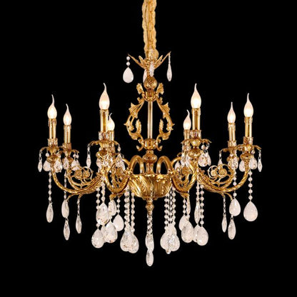 A golden European crystal decorative chandelier installed against a white ceiling, showcasing its elegant form.