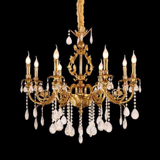 A golden European crystal decorative chandelier installed against a white ceiling, showcasing its elegant form.