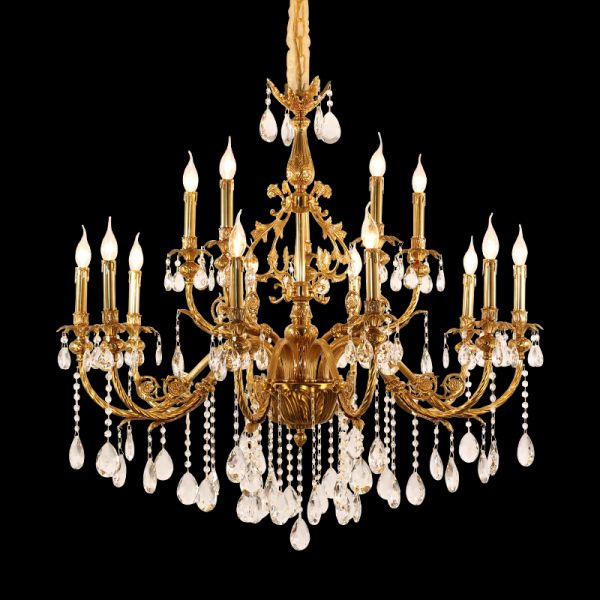 JEWELLERY TOP brand's living room brass chandelier with intricate brass arms and candle-style lights.