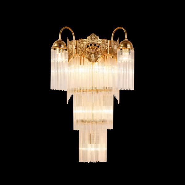 Ballet Lumière Brass Wall Sconce with golden frame and crystal fringe on black background, JEWELLERY TOP.