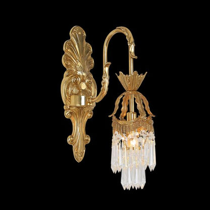 Detailed side view highlighting the curved arm and the dense curtain of faceted crystal pendants.