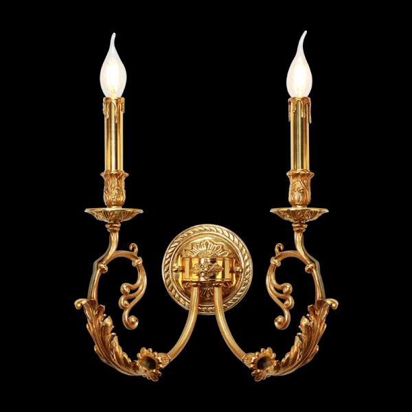 Rococo Rhapsody Brass Wall Sconce with two candle lights and intricate scrollwork on a dark background, brand JEWELLERY TOP.