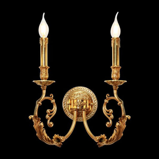 Rococo Rhapsody Brass Wall Sconce with two candle lights and intricate scrollwork on a dark background, brand JEWELLERY TOP.